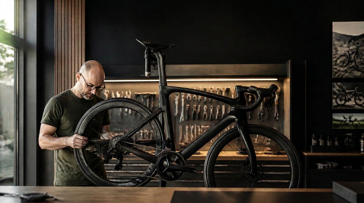 Olivier werkt aan een premium racefiets in het atelier van Vélo Oli